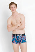 Blue and pink tropical leaf patterned bonds fit trunk boxer brief underwear with black waistband size xs