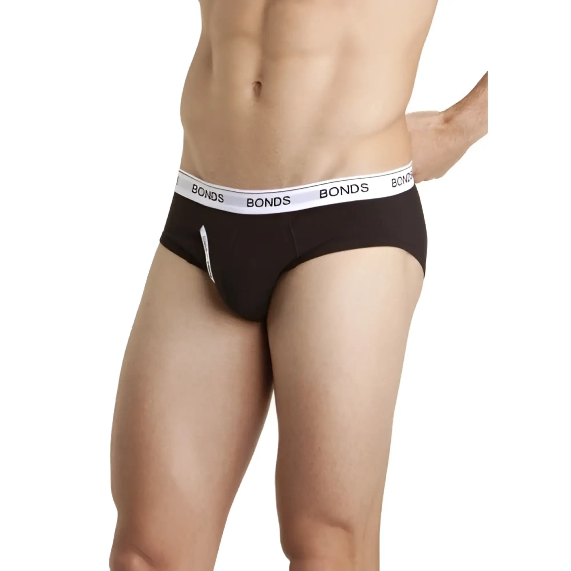 Black bonds guy front briefs underwear in size large with white elastic waistband and black brand lettering