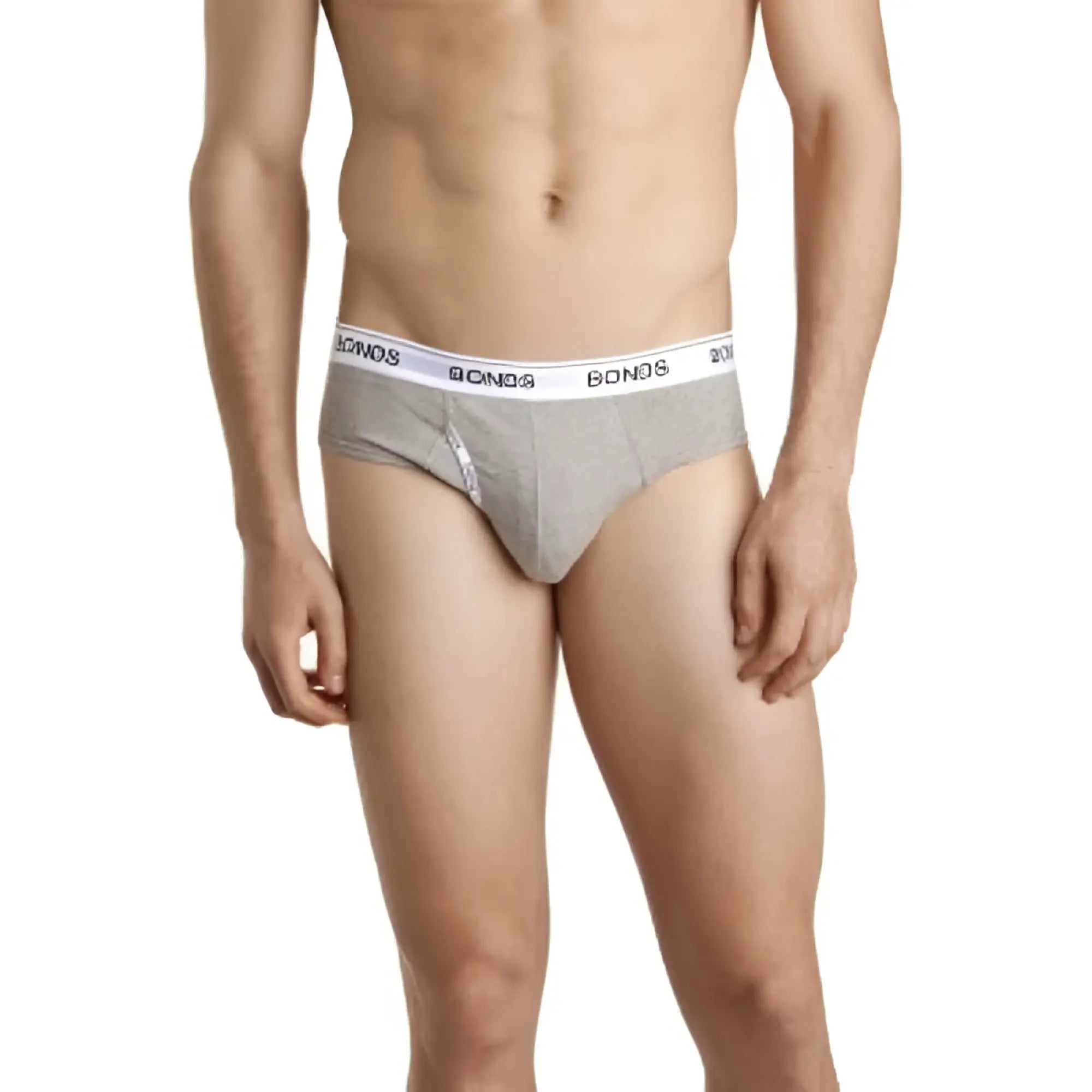 Gray Bonds guy front brief underwear in size L with white elastic waistband featuring black brand name lettering