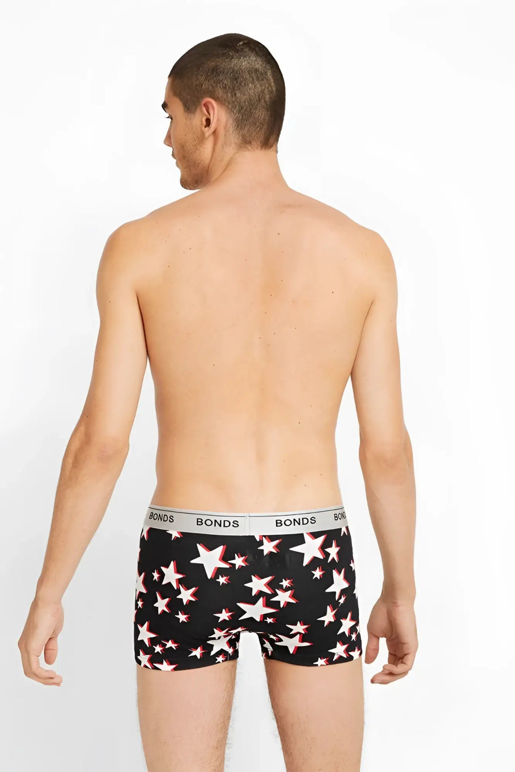 Black bonds guyfront trunk boxer briefs with white stars outlined in red and a silver branded waistband size large