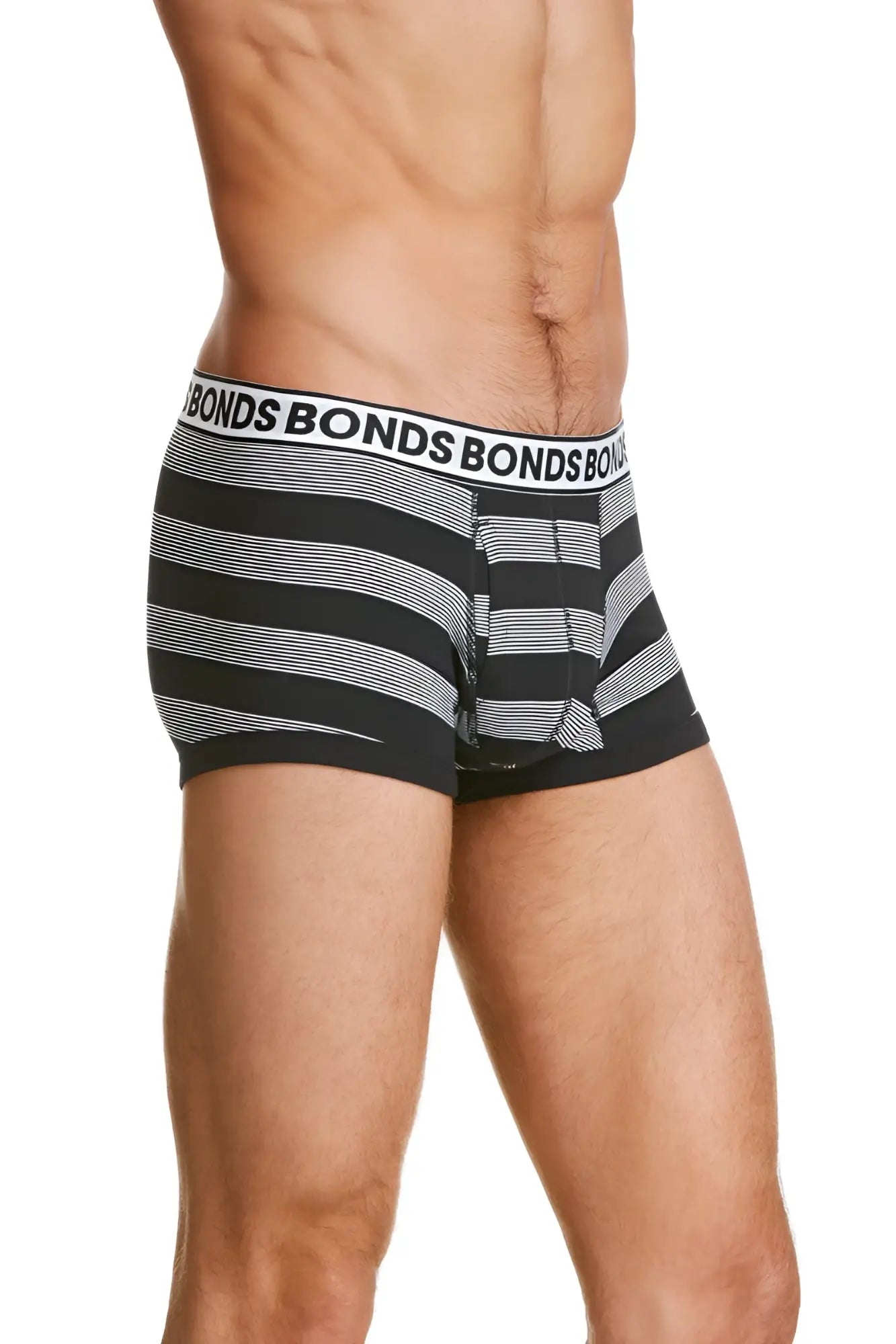 Bonds striped fit trunk underwear size S in black and white stripes with branded waistband front view