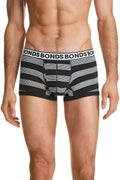 Black and white striped Bonds boxer briefs with branded waistband in size small showing front fit trunk underwear style