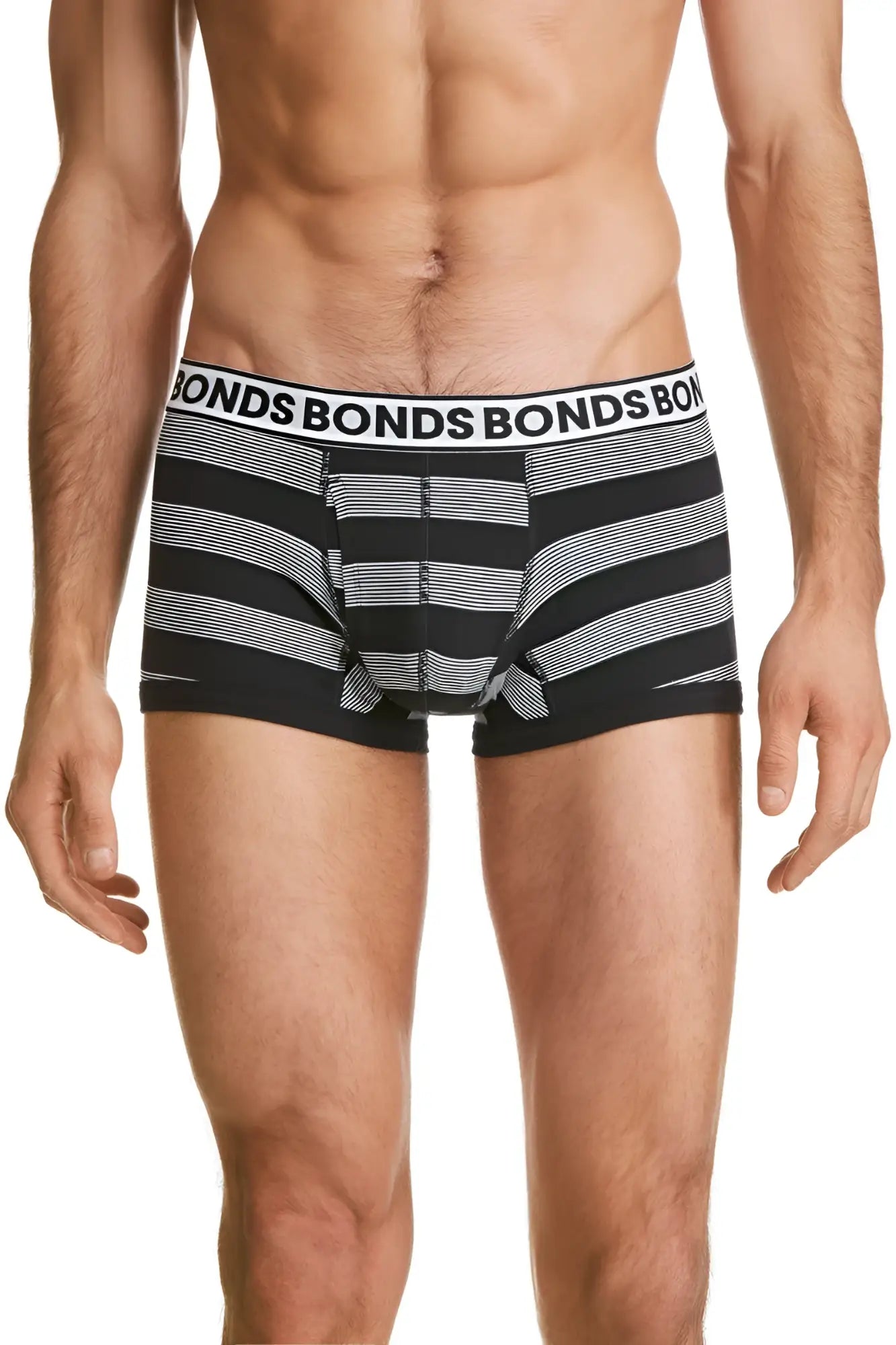 Black and white striped Bonds boxer briefs with branded waistband in size small showing front fit trunk underwear style