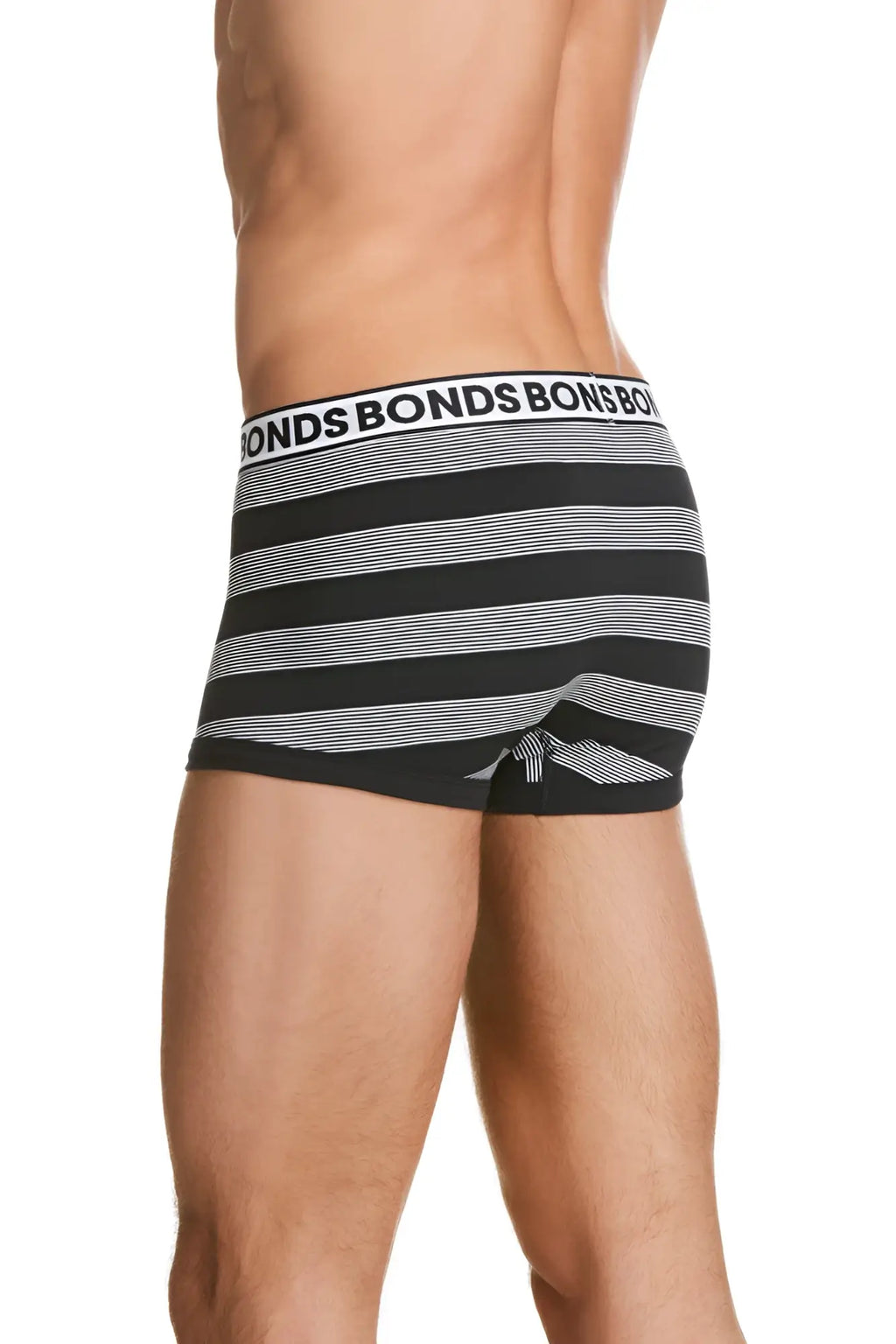 Black and white striped bonds fit trunk underwear with repeating bonds logo waistband size s