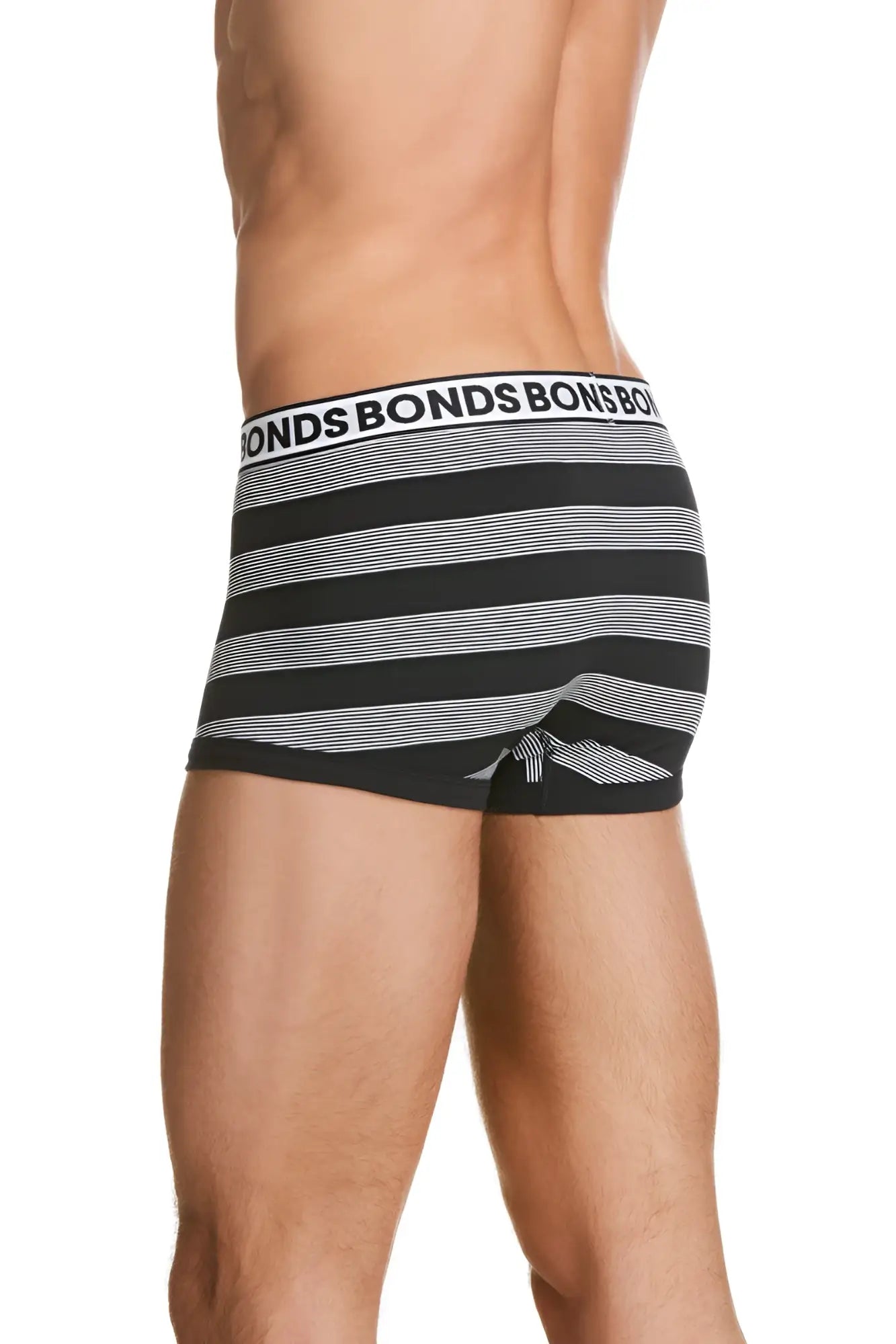 Black and white striped bonds fit trunk underwear with repeating bonds logo waistband size s
