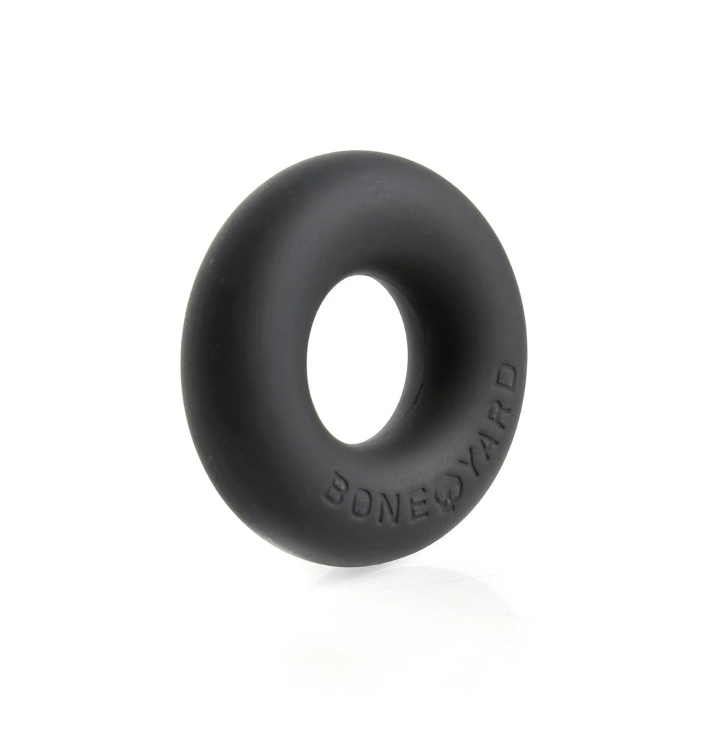 Black silicone ultimate silicone ring with boneyard embossed on the side shown from the back side