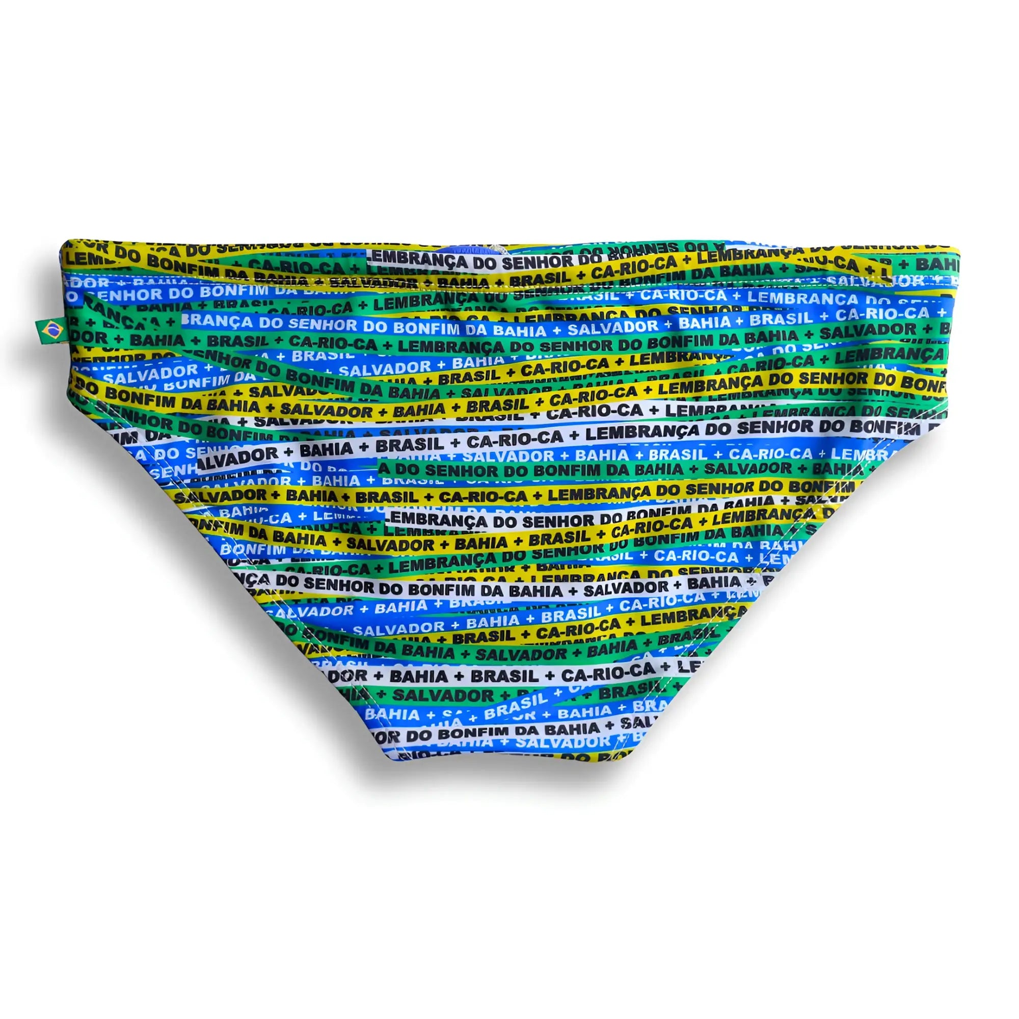 Vibrant multicolored dog bandana with brazilian city names in bold yellow blue and green for men’s designer swimwear bonfim sunga
