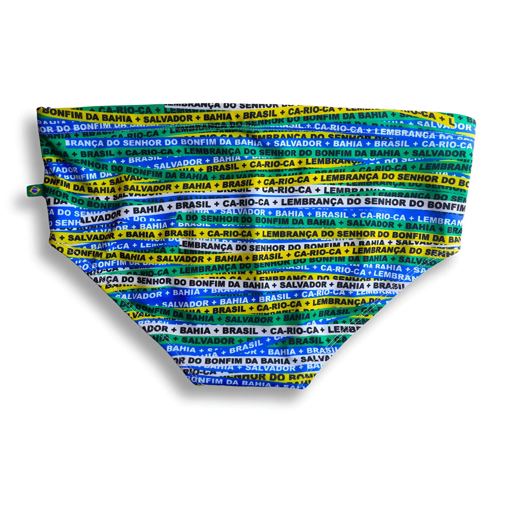 Vibrant multicolored bonfim sunga swimwear with bold green yellow and blue striped bandana featuring portuguese text patterns