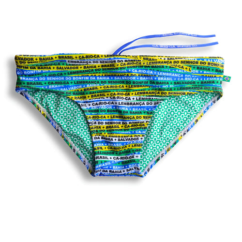 Men’s bonfim sunga brief swimwear in vibrant turquoise and yellow with brazilian city name patterns