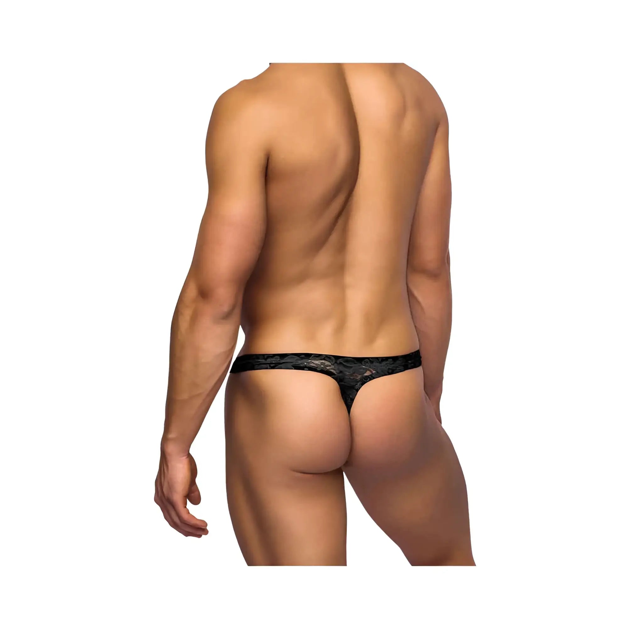 Black lace thong with intricate floral pattern in stretch lace material large xl size shown from the back side