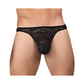Black lace thong of stretch lace material with intricate floral patterns in large xlarge size showing front view
