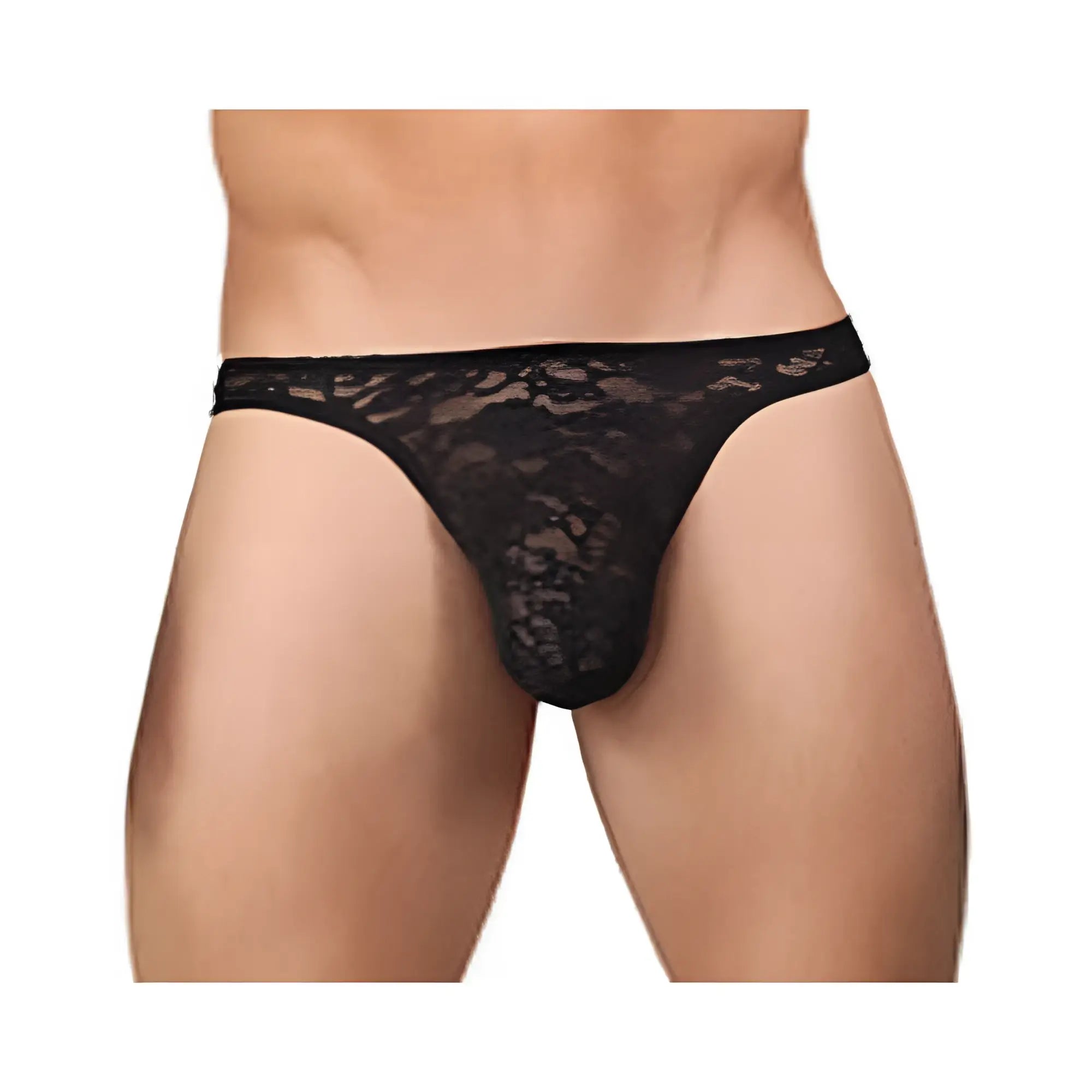 Black lace thong of stretch lace material with intricate floral patterns in large xlarge size showing front view