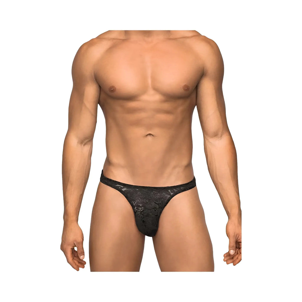 Black lace thong with intricate floral pattern made of stretch lace in black large XL size showing front side