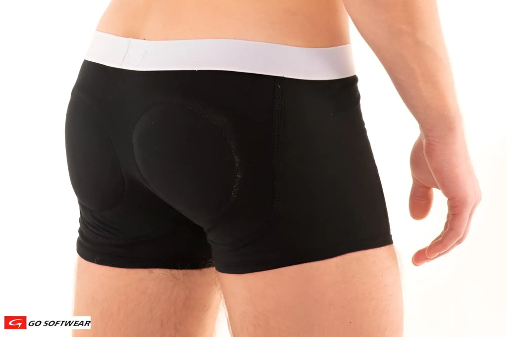 Black men’s boost boxer brief with white elastic waistband and double padded cushioned butt for comfort