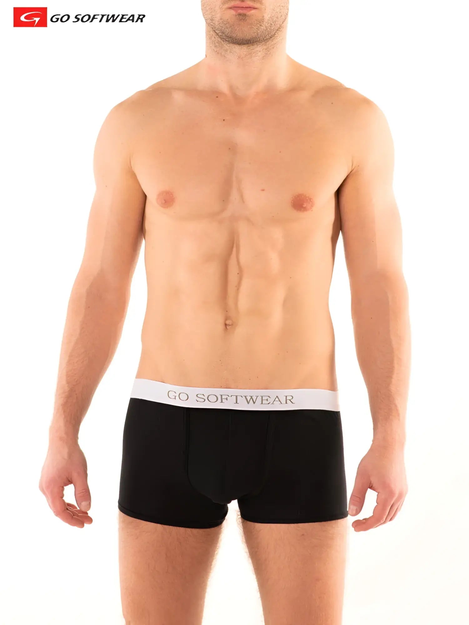 Black men’s Boost boxer briefs with double padded butt and white go softwear elastic waistband visible from back side