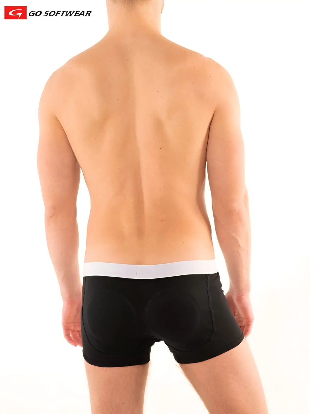 Black go softwear boost boxer brief with double padded butt shown from the back with white waistband
