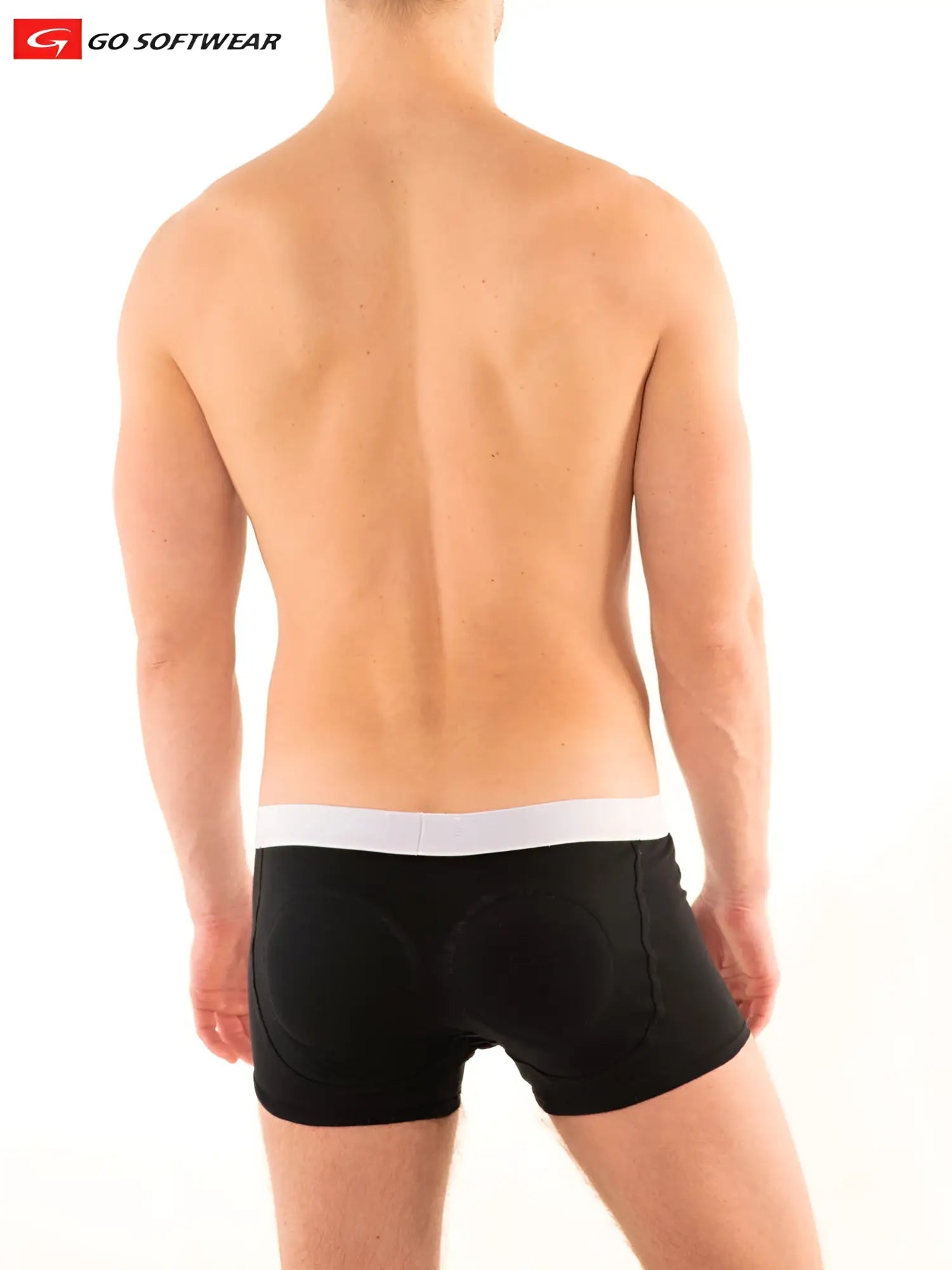 Black go softwear boost boxer brief with double padded butt shown from the back with white waistband