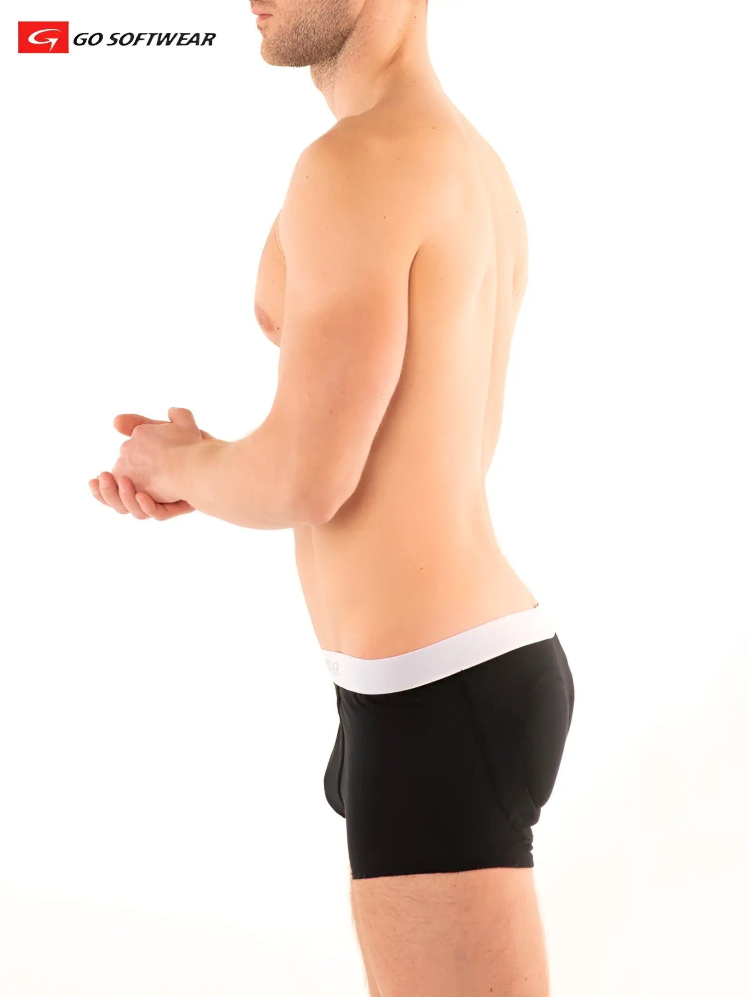 Black boost boxer brief with double padded butt and white elastic waistband featuring go softwear logo