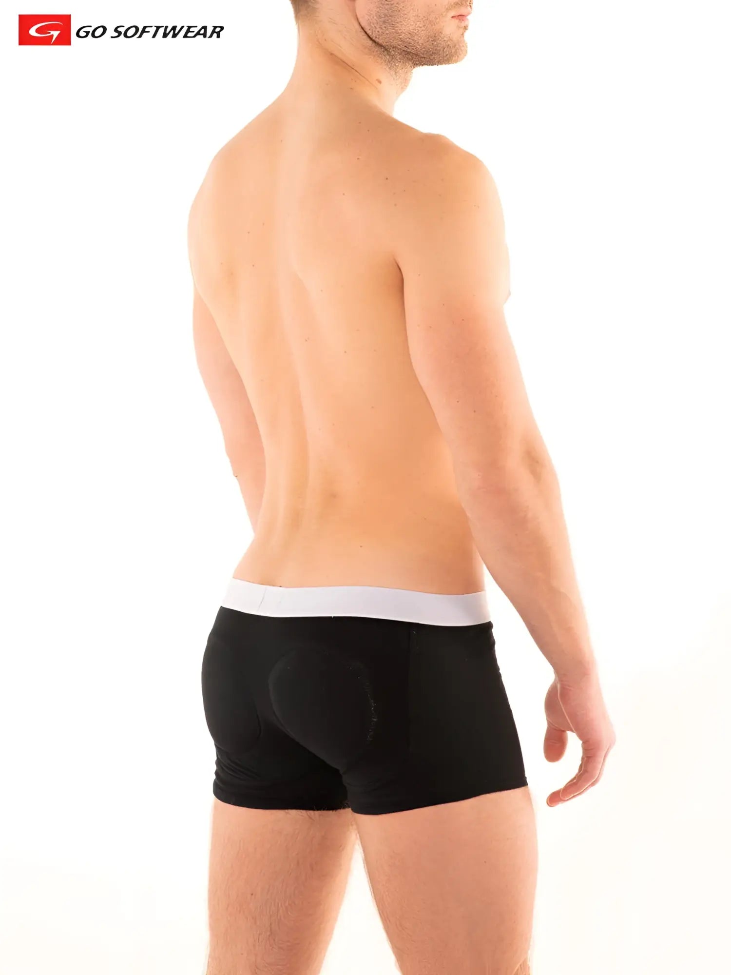 Black boost boxer brief with double padded butt and white waistband designed for comfort and support