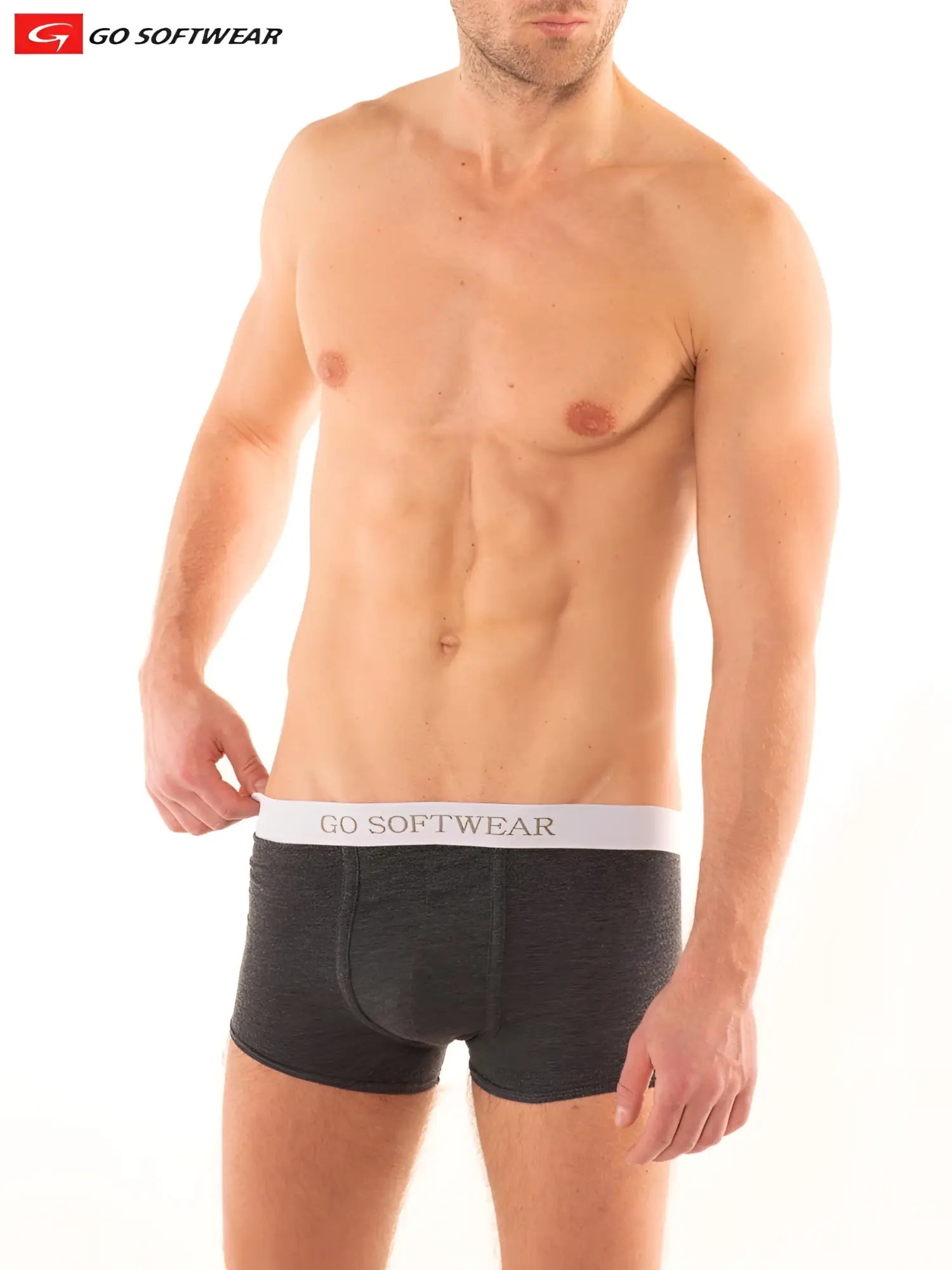 Dark gray heathered boost boxer brief with double padded butt and white elastic waistband with go softwear logo