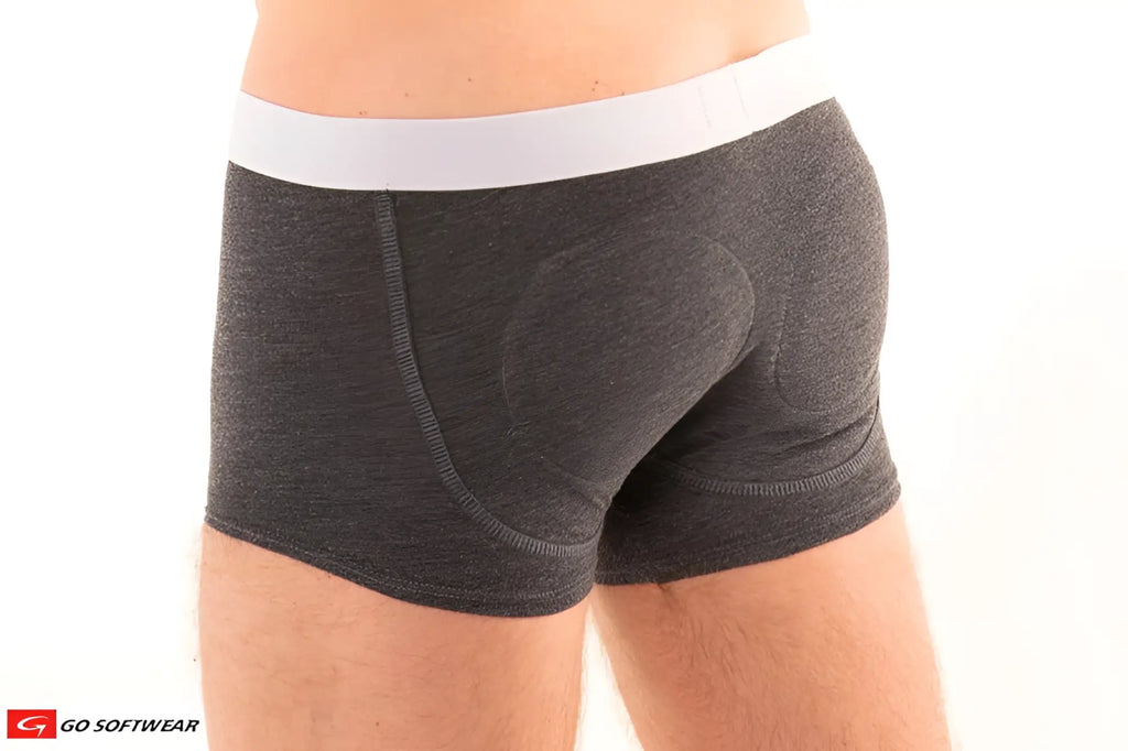 Dark gray heathered boost boxer briefs with white elastic waistband and padded back panel shown from the back side