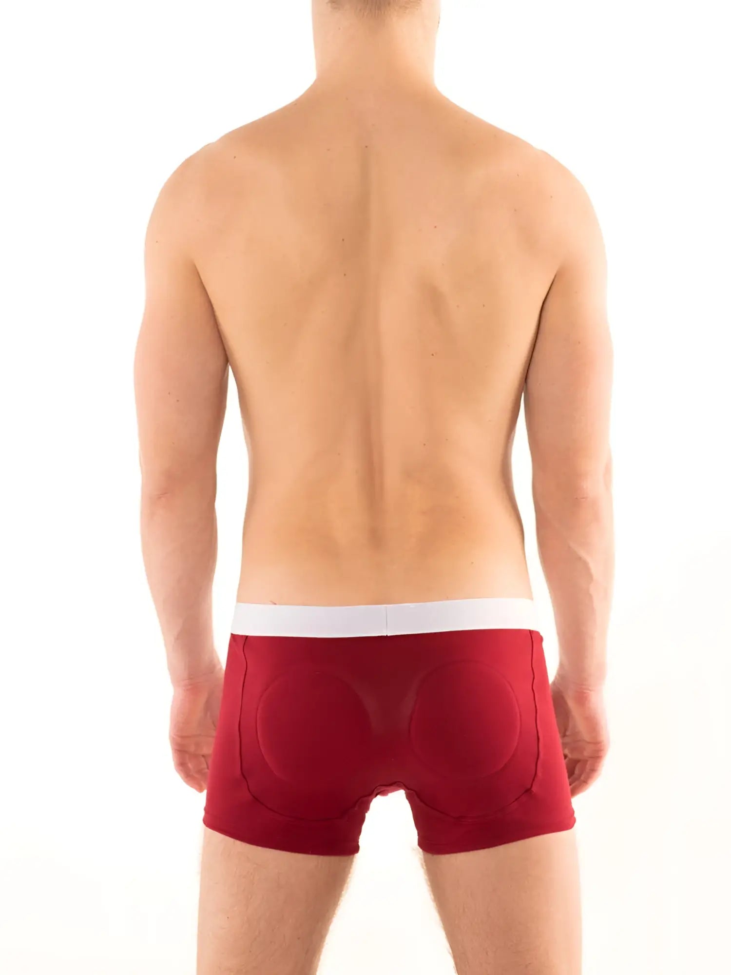Red boost boxer brief with double padded contoured design and white elastic waistband shown from the back side