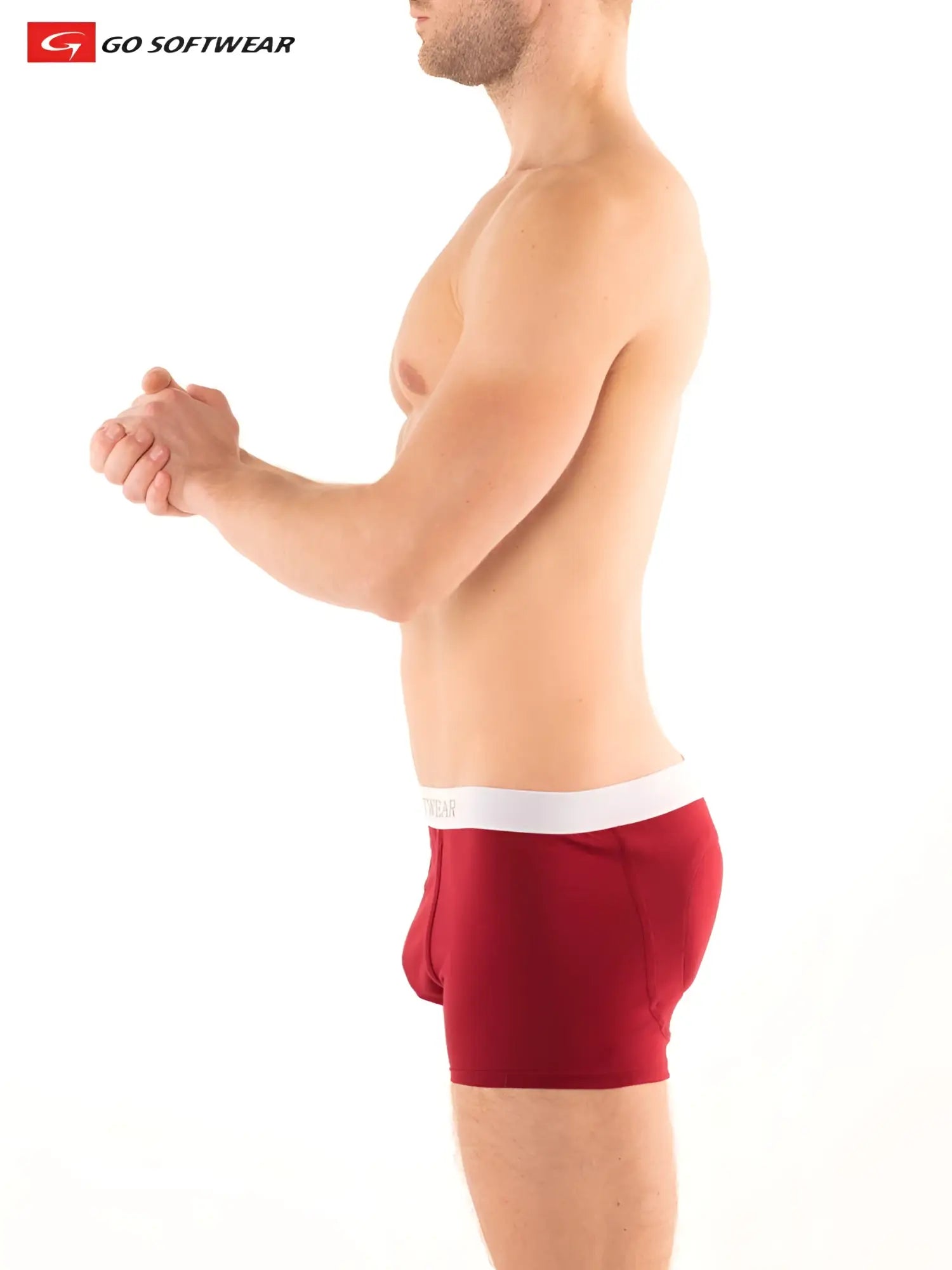 Red men’s boxer briefs with a white waistband and double padded butt by go softwear designed for enhanced comfort