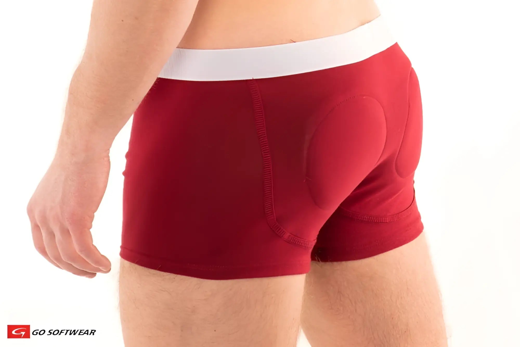 Red men’s boost boxer brief with double padded butt showing the back side and white elastic waistband