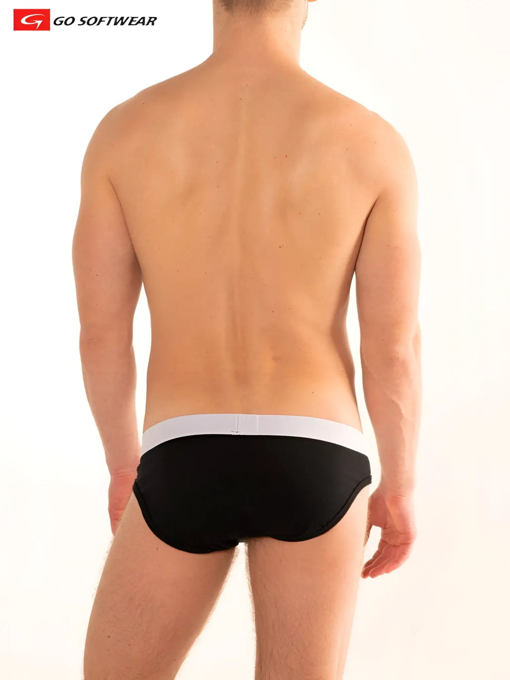 Black boost brief with double padded pouch and white waistband featuring go softwear logo