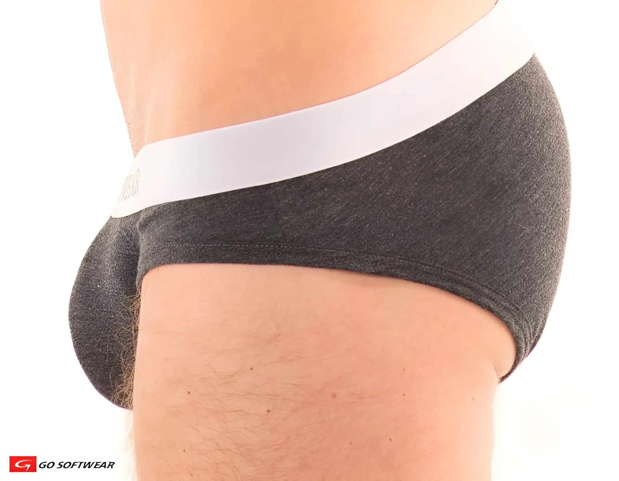 Dark gray heathered Boost Brief with double padded pouch and white elastic waistband featuring go softwear logo