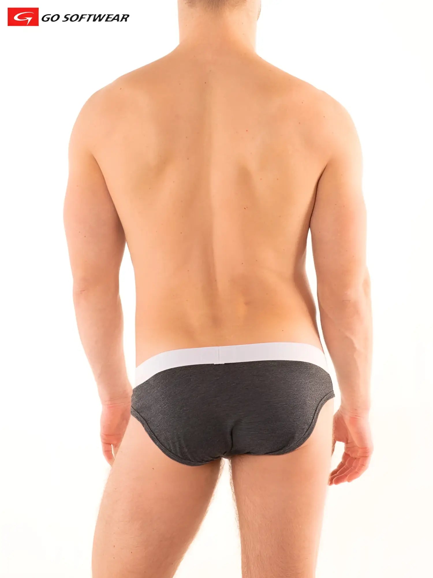 Dark gray textured boost brief with double padded pouch and white elastic waistband with go softwear logo