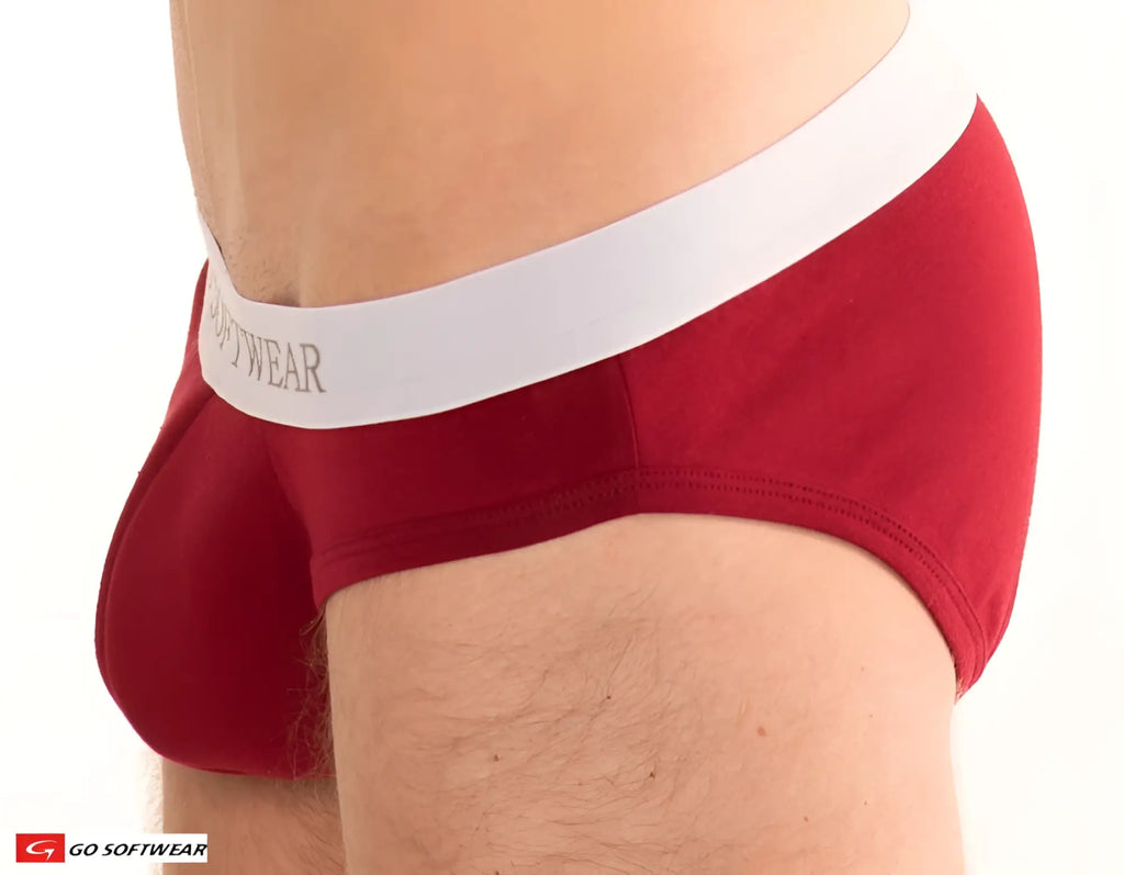 Red men’s Boost Brief with double padded pouch and white elastic waistband featuring go softwear logo in gray lettering