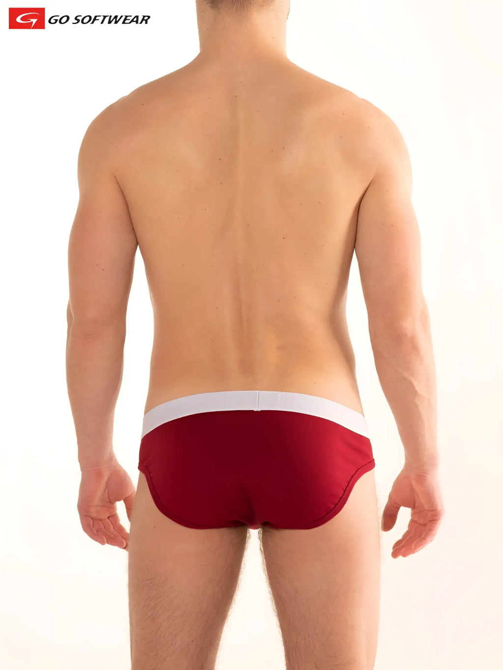 Red boost brief with double padded pouch and white waistband featuring go softwear brand logo