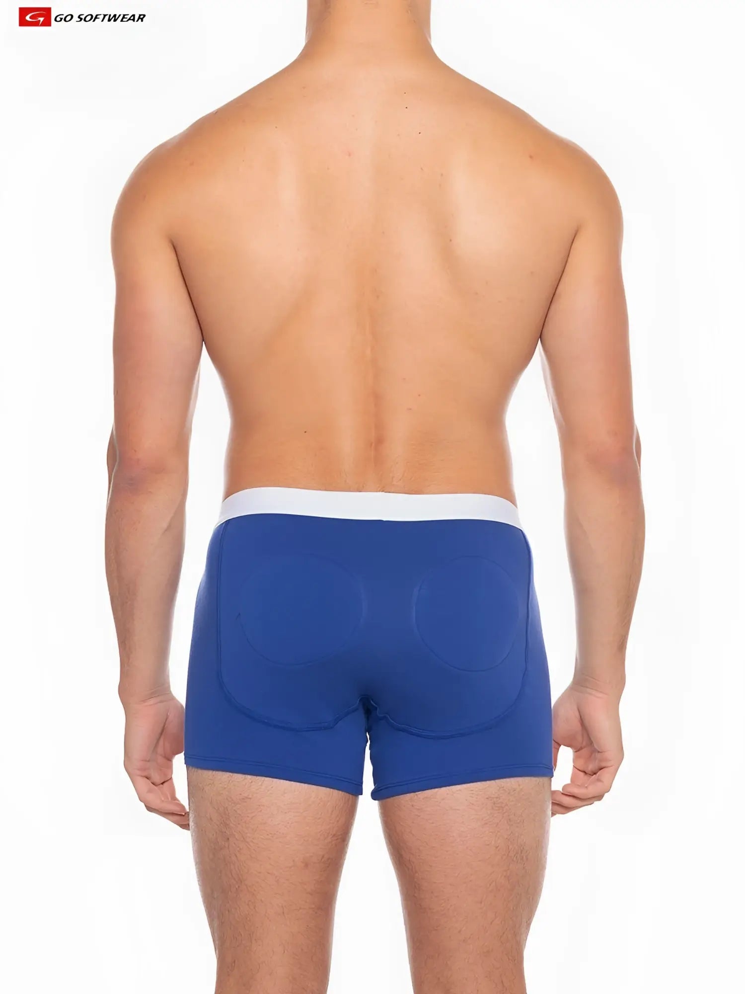 Blue men’s Boost padded boxer briefs with white waistband and padded rear panels shown from the back side
