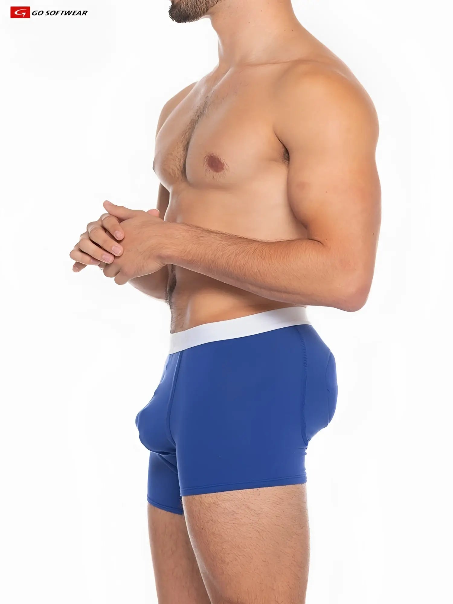 Blue boost padded boxer briefs with white waistband featuring snug fit and smooth fabric for comfortable wear