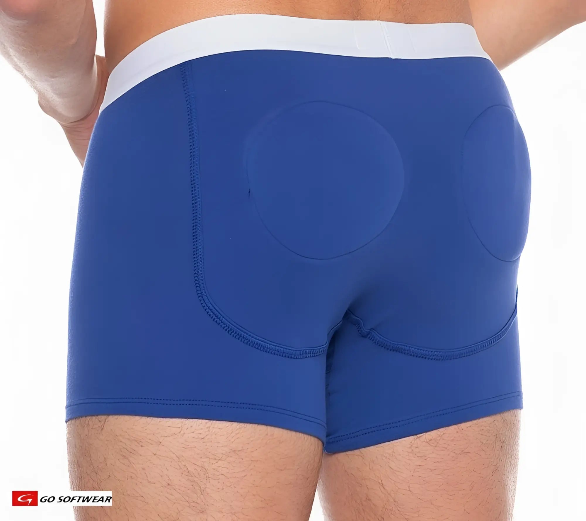 Blue men’s boost padded boxer briefs with white waistband and circular padded sections on the back side