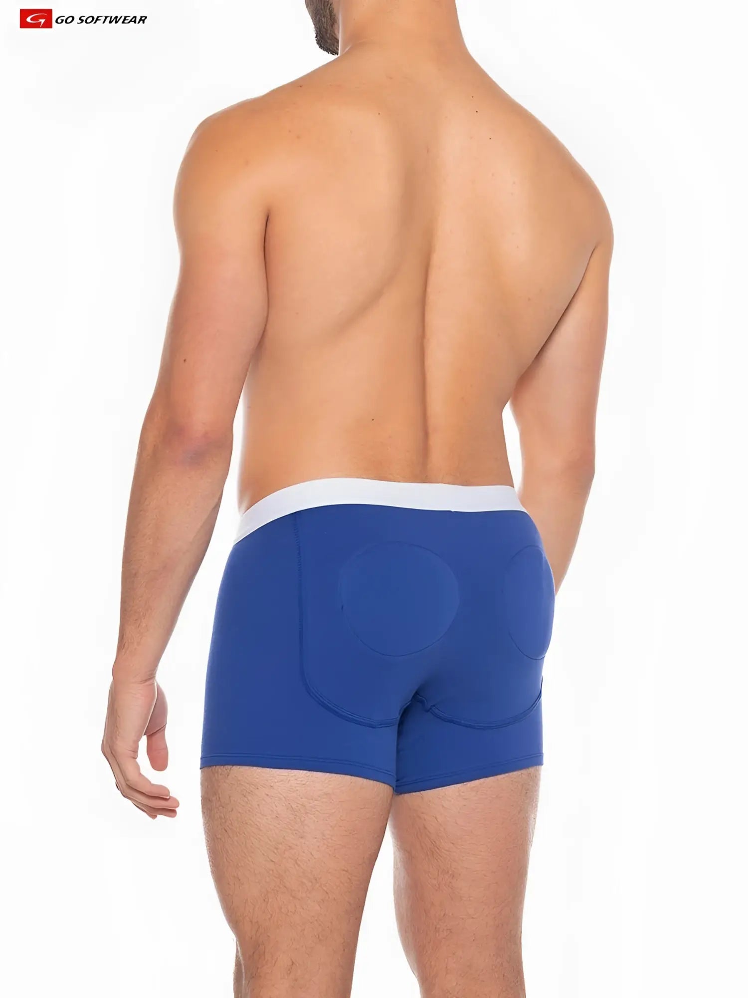 Blue men’s boost padded boxer briefs with white waistband shown from the back featuring padded rear panels