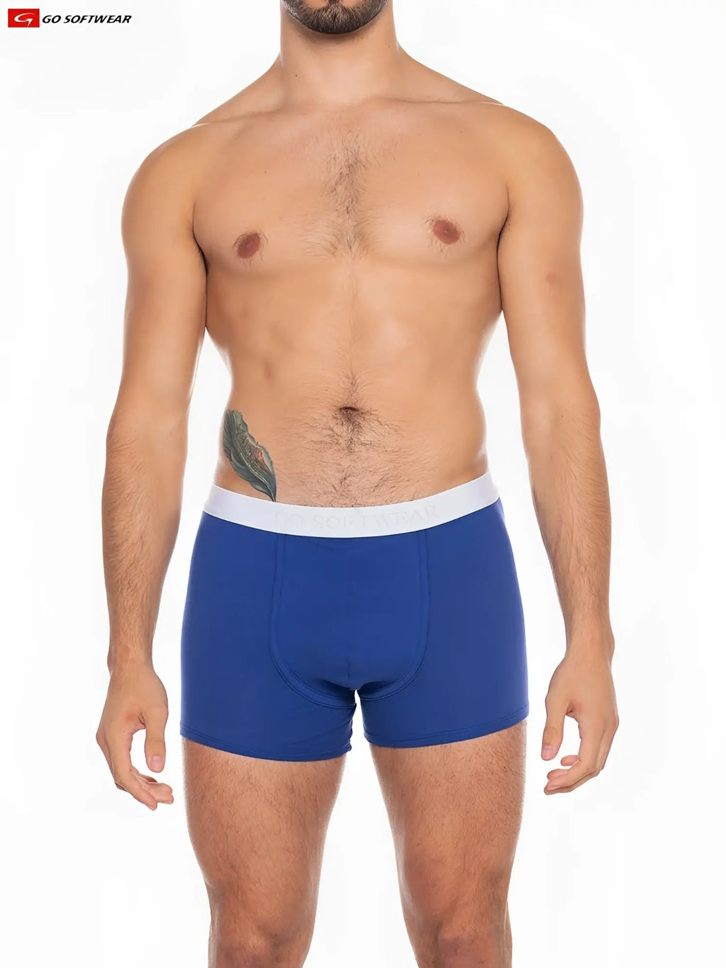 Blue Boost padded boxer briefs with a white waistband made of smooth fabric and a classic design