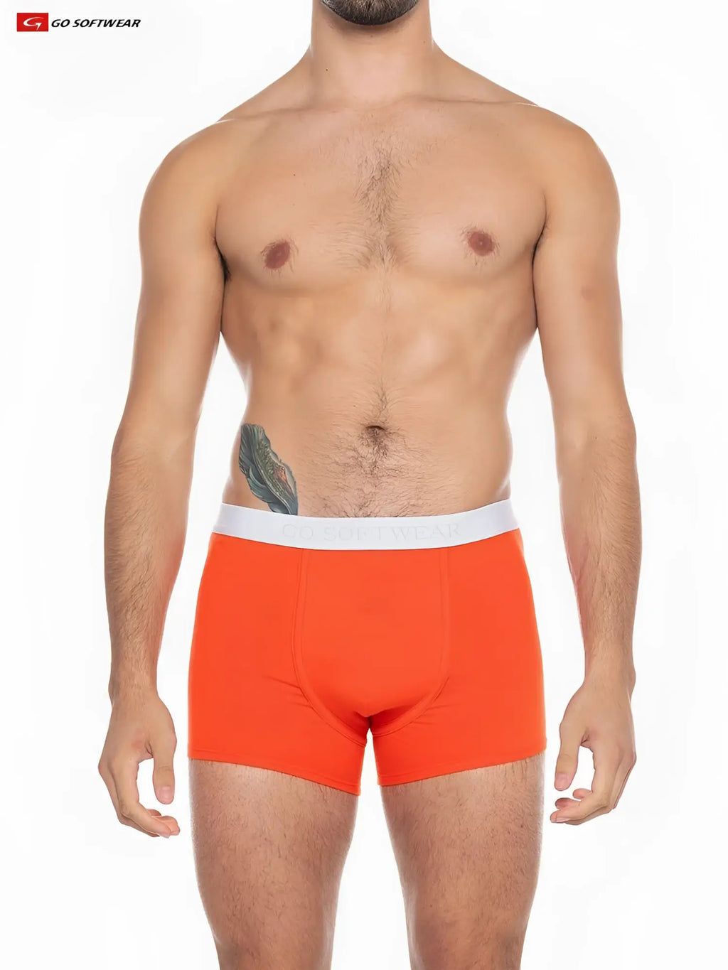 Bright orange Boost padded boxer briefs with white elastic waistband featuring go softwear logo