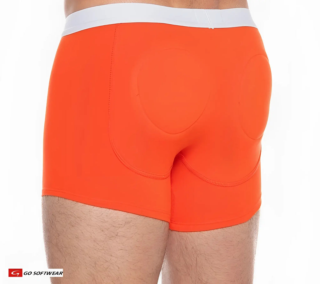 Bright orange boost padded boxer briefs with white waistband shown from the back with padded circular sections