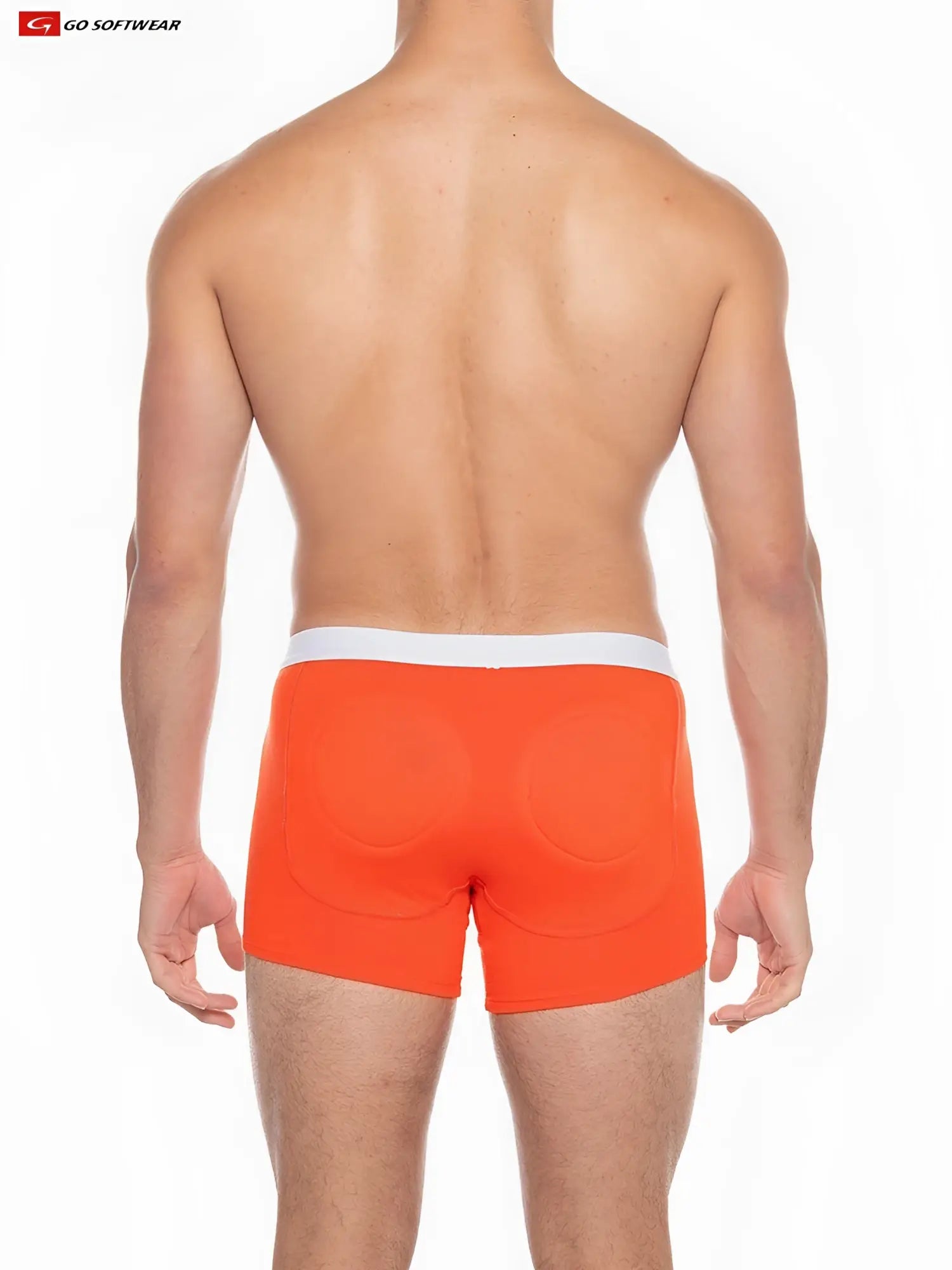 Bright orange Boost padded boxer briefs with white waistband made from smooth fabric featuring subtle padding