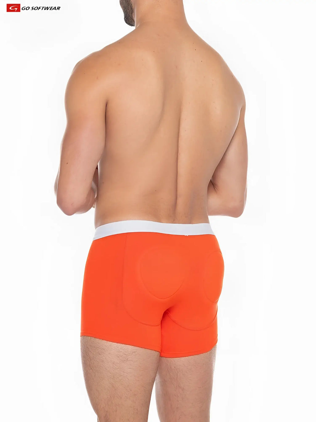 Bright orange boost padded boxer briefs with white waistband made of smooth fabric and subtle design details
