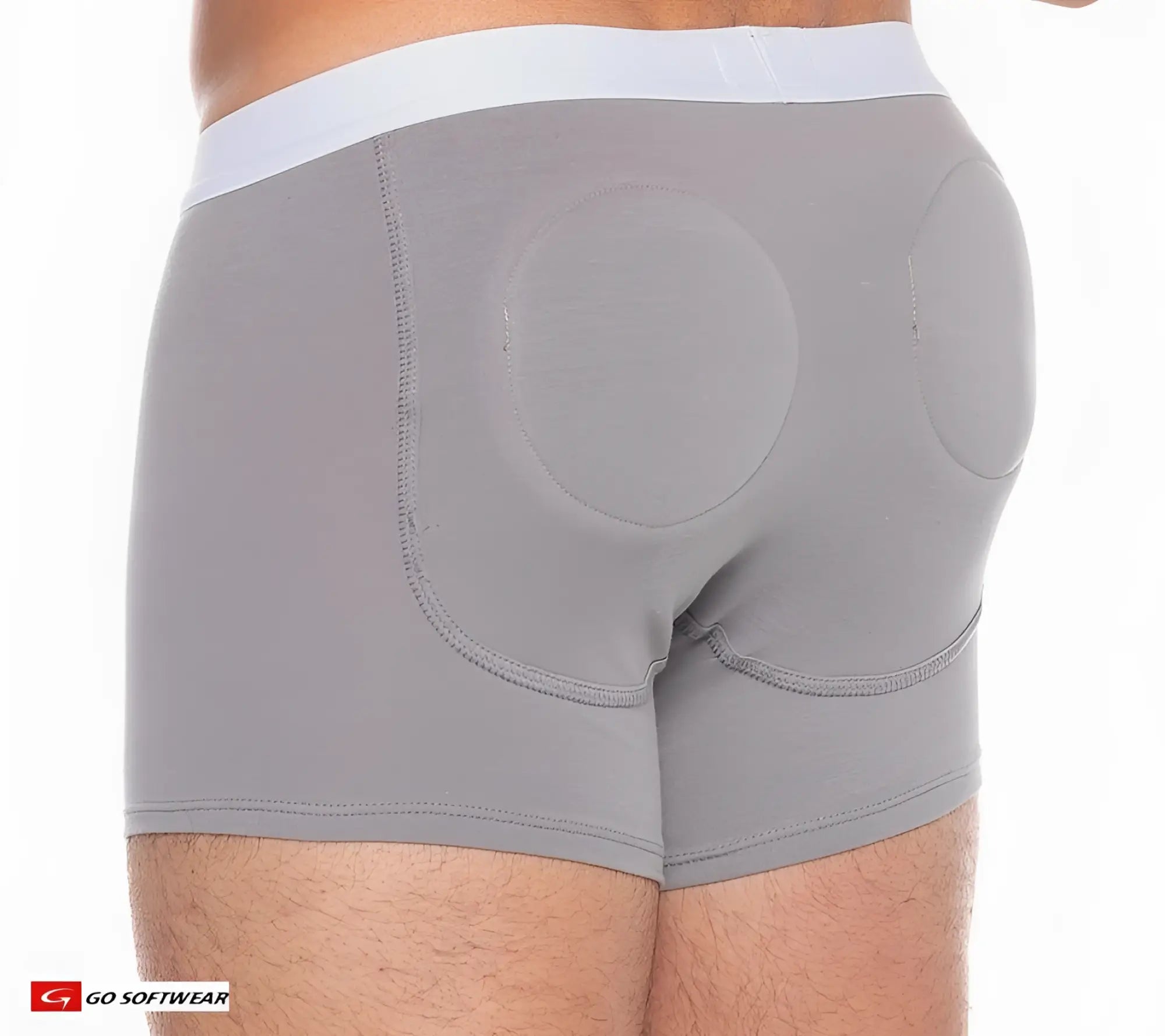 Gray men’s boost padded boxer briefs with white elastic waistband and circular padded sections on the back side