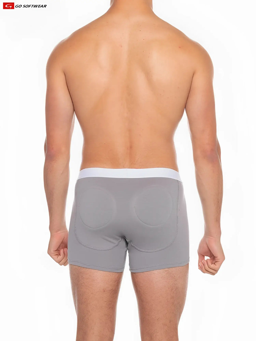 Back view of gray boost padded boxer men’s briefs with white waistband and circular padded sections on the back