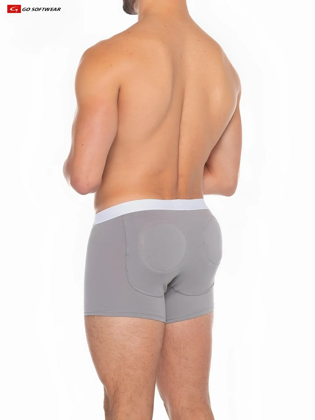 Gray men’s Boost padded boxer briefs showing the back with white waistband and circular padded design
