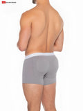 Gray men’s Boost padded boxer briefs showing the back with white waistband and circular padded design