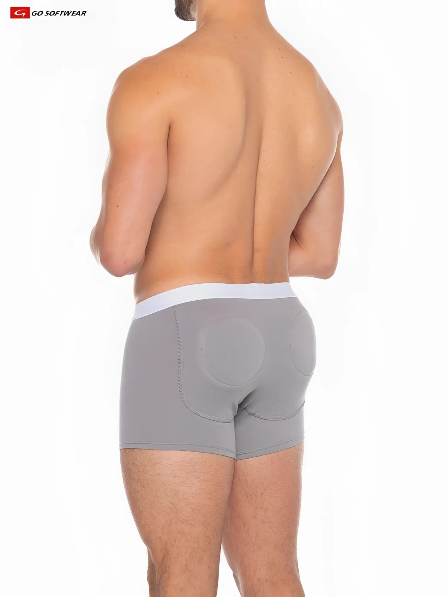 Gray men’s Boost padded boxer briefs showing the back with white waistband and circular padded design