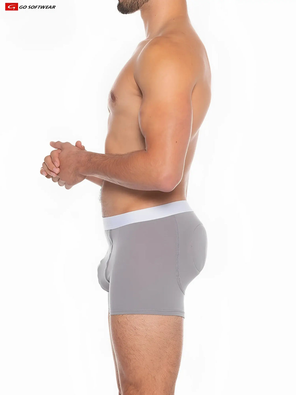 Gray men’s Boost padded boxer briefs with white waistband featuring contoured design and seamless construction