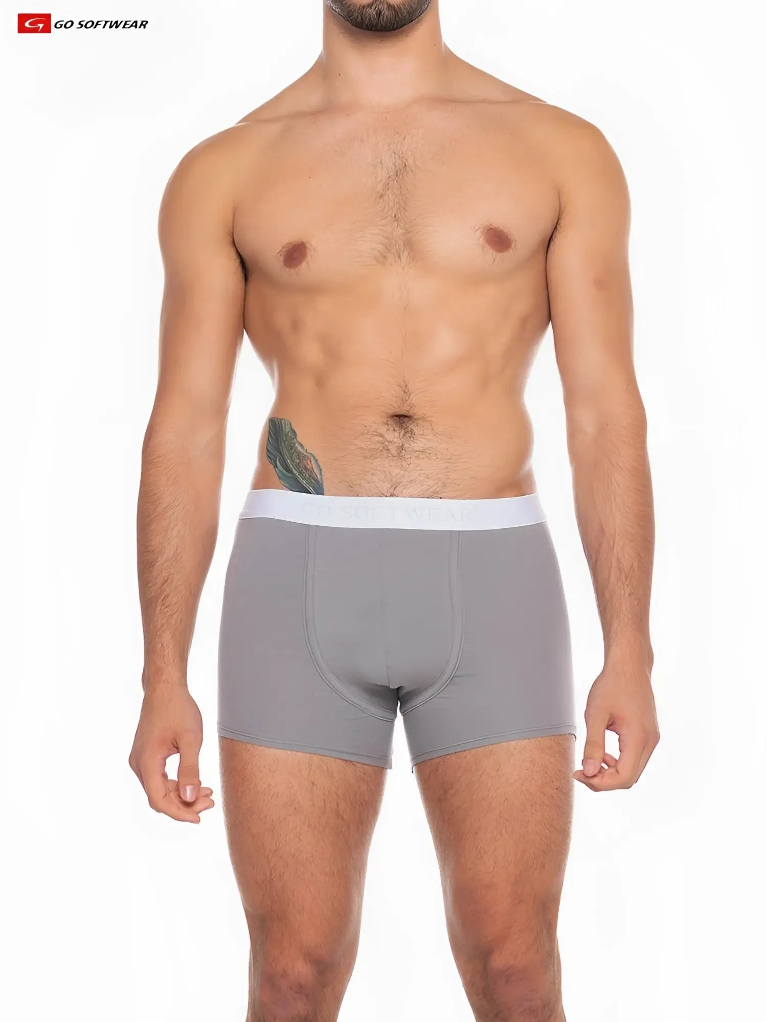 Gray boost padded boxer briefs with smooth fabric and white waistband featuring a classic design