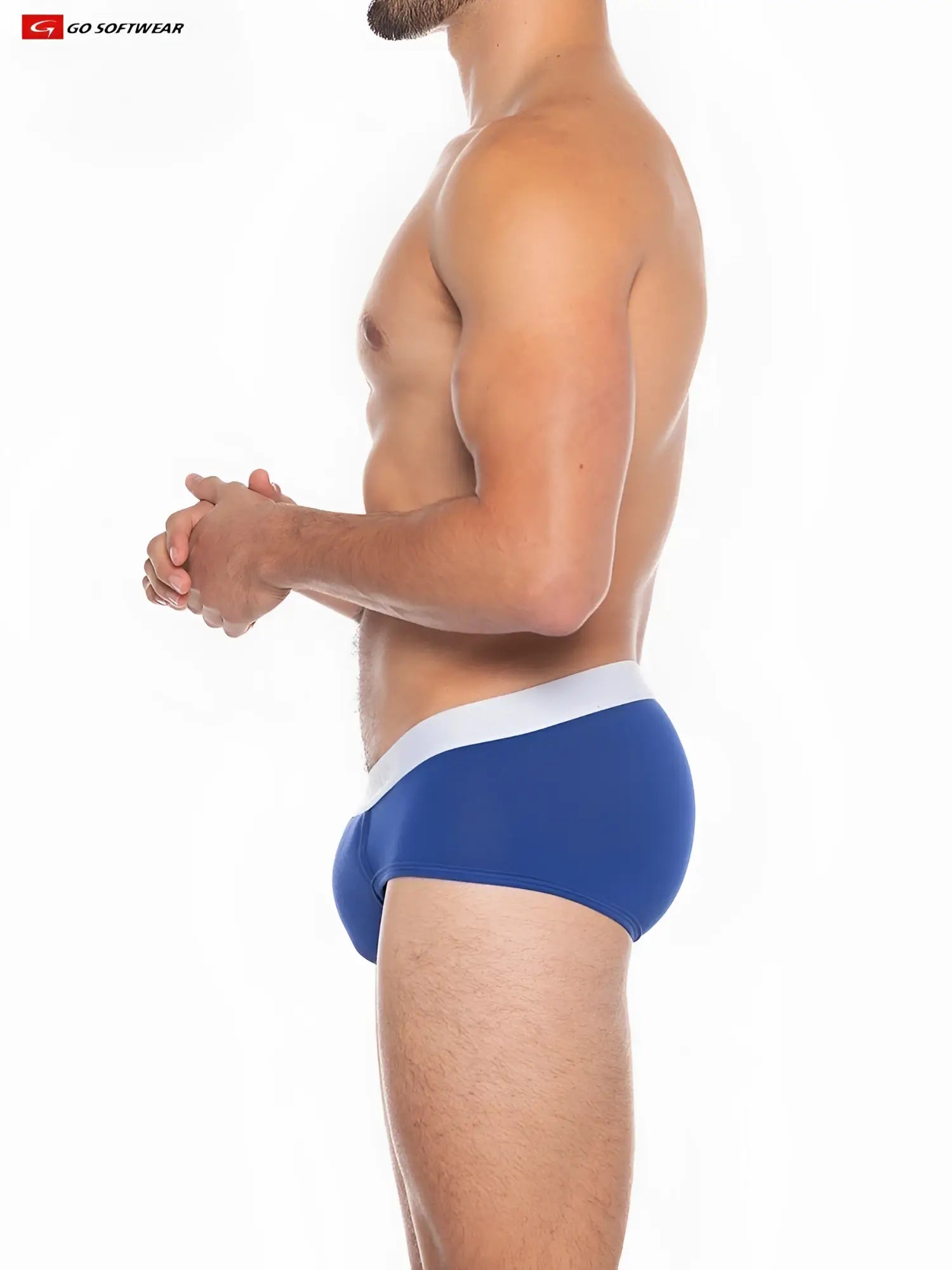 Blue men’s briefs with a white waistband and smooth fabric finish featuring a boost padded front pouch design